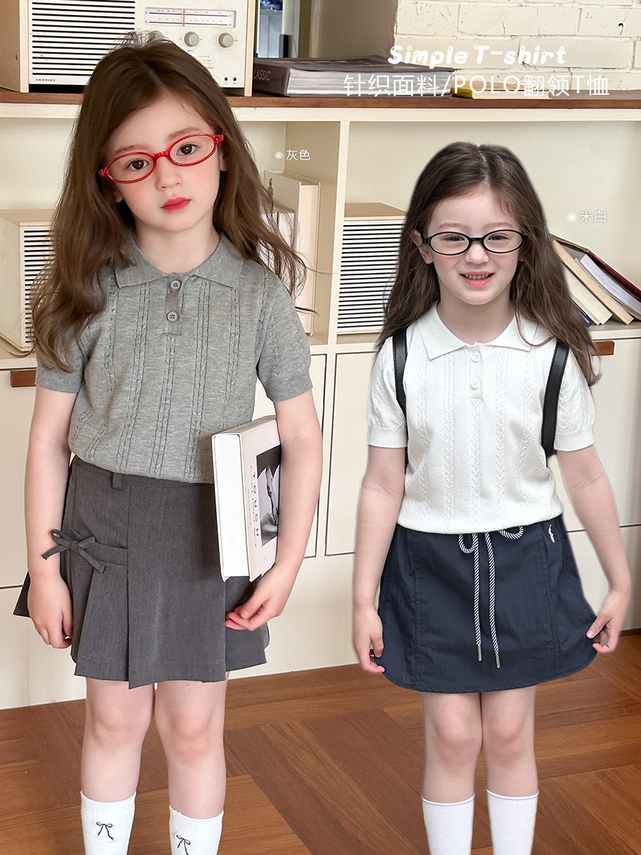Aimo Beibei Girls Summer Pure Color Knitted Cable T-Shirt Kidsren's Casual Korean Style Polo Lapel Short-Sleeved Top