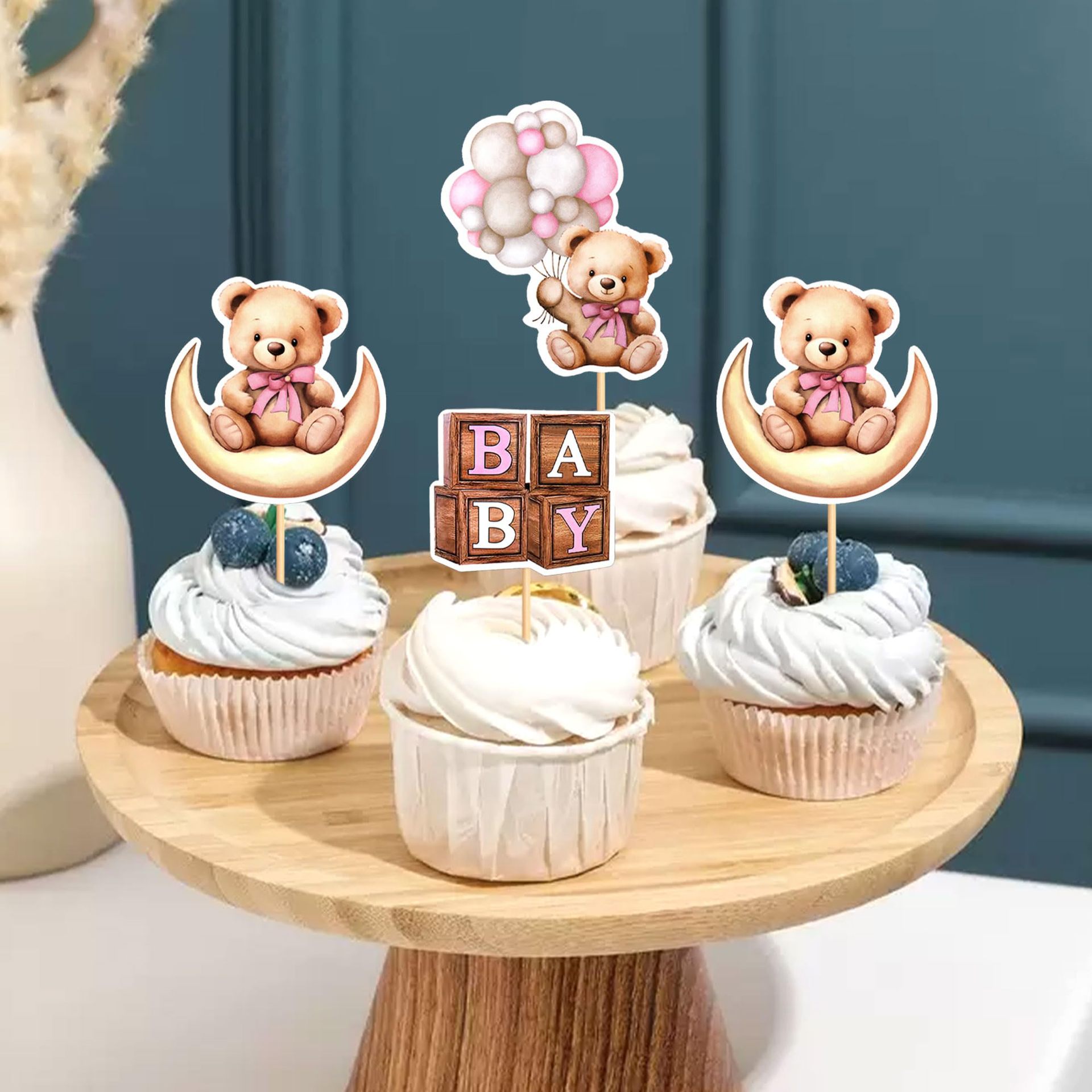 Children's Blue Moon Bear Cupcake Card Baby's Birthday Party Decoration Selection Dessert Cute Plug-in