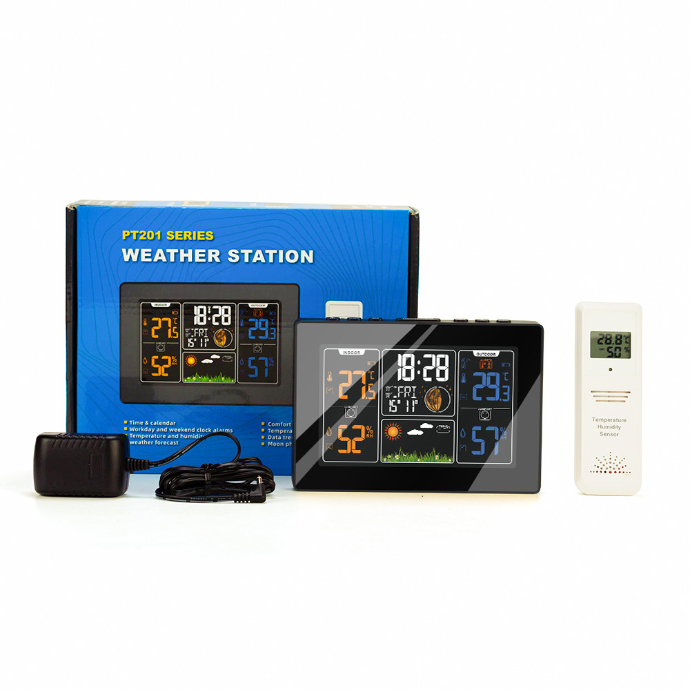 New Color Screen Wireless Weather Clock Pt201C Weather Forecast Alarm Clock Temperature and Humidity Meter Digital Clock Moon Phase Perpetual Calendar