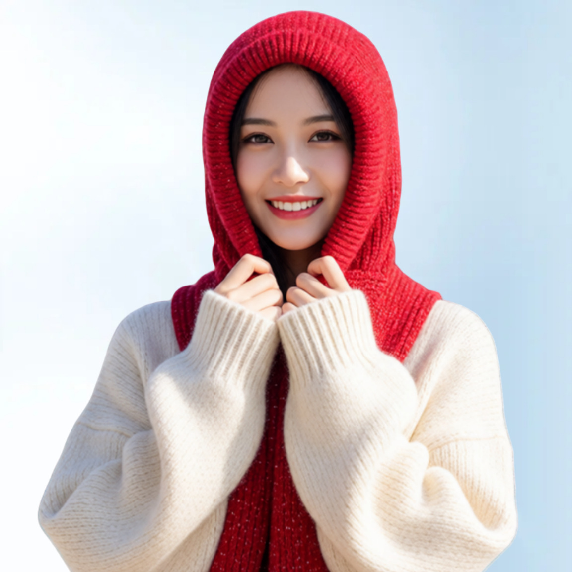 Korean Style Outdoor Red Raffia Hat for Women, Autumn and Winter Fashion Scarf Integrated Hood, Lazy Style Outerwear Warm Shawl Hat