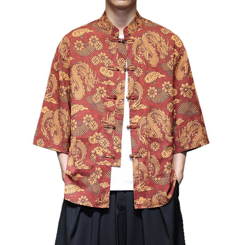 Chinese Style Ice Silk Three-Quarter Sleeve Shirt for Men, Tang Suit with Button Closure, Hanfu, Large Size Printed Short-Sleeve Shirt, Ethnic Style