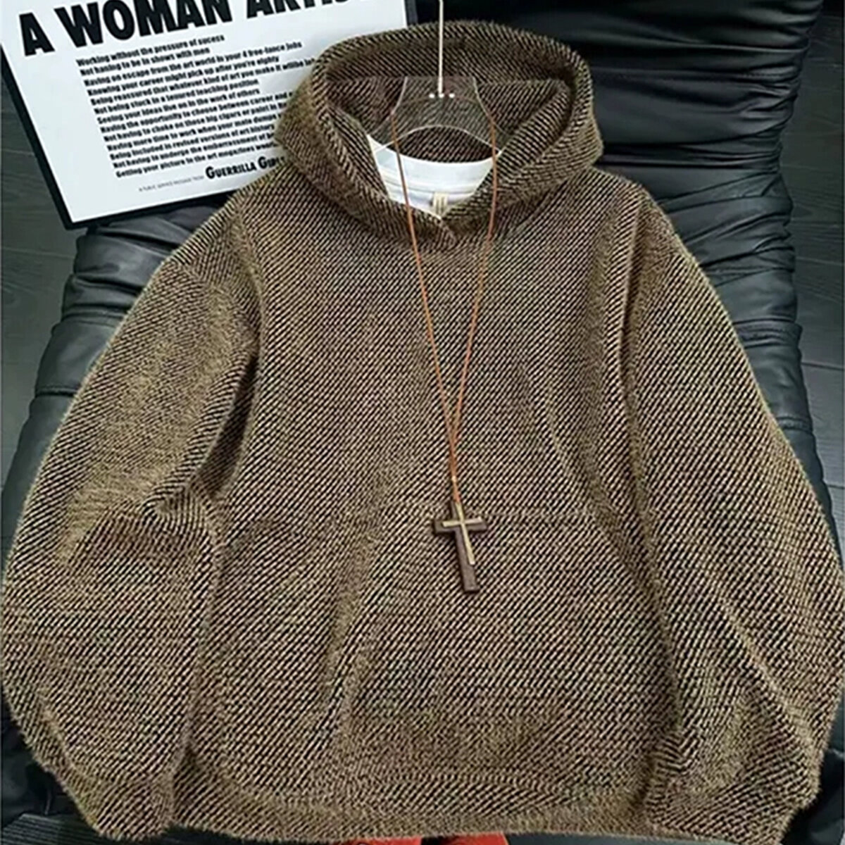 Black Starry Sky Knit Hoodie for Men, Autumn and Winter Trendy American Retro Heavy Hoodie, Chanel-Style Jacket