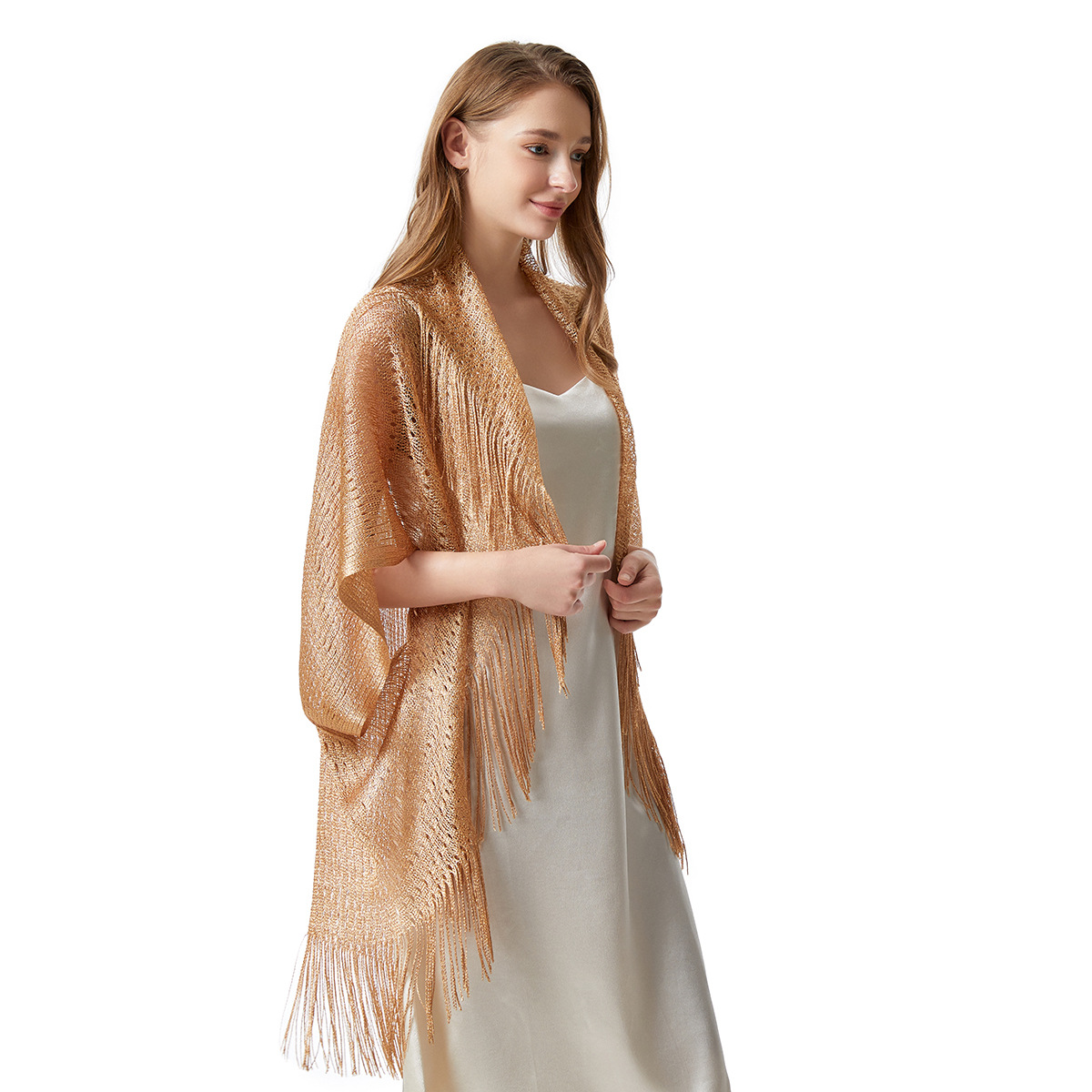 2024 New Polyester Batwing Sleeve Shawl Gold and Silver Summer Thin Outer Hollow Tassel Sunscreen plus size Cardigan