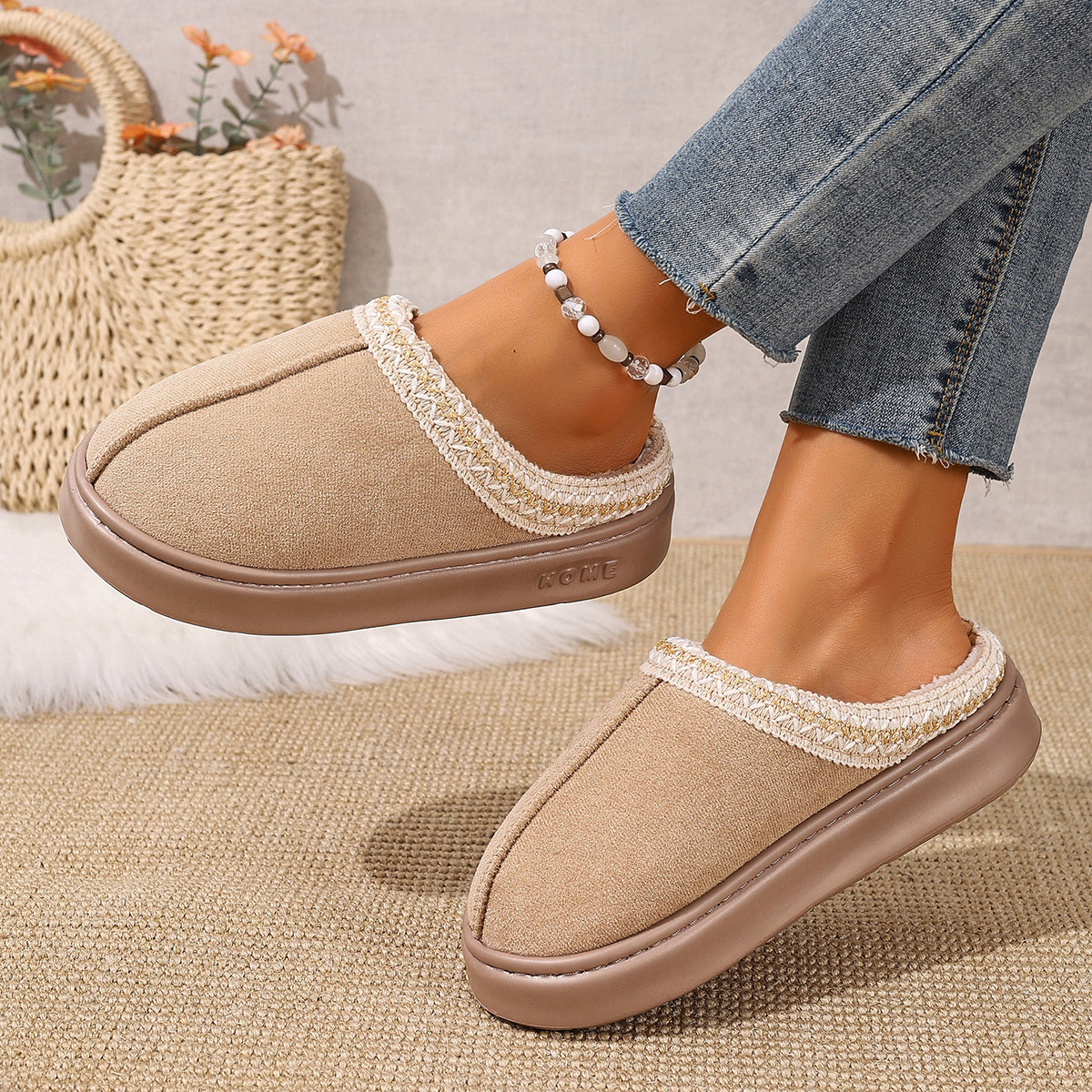 Cotton Slippers for Women in Autumn and Winter, Home Slippers for Women, Outdoor Non-Slip Cotton Slippers for Women, Warm Plush Indoor Home Thick Soles