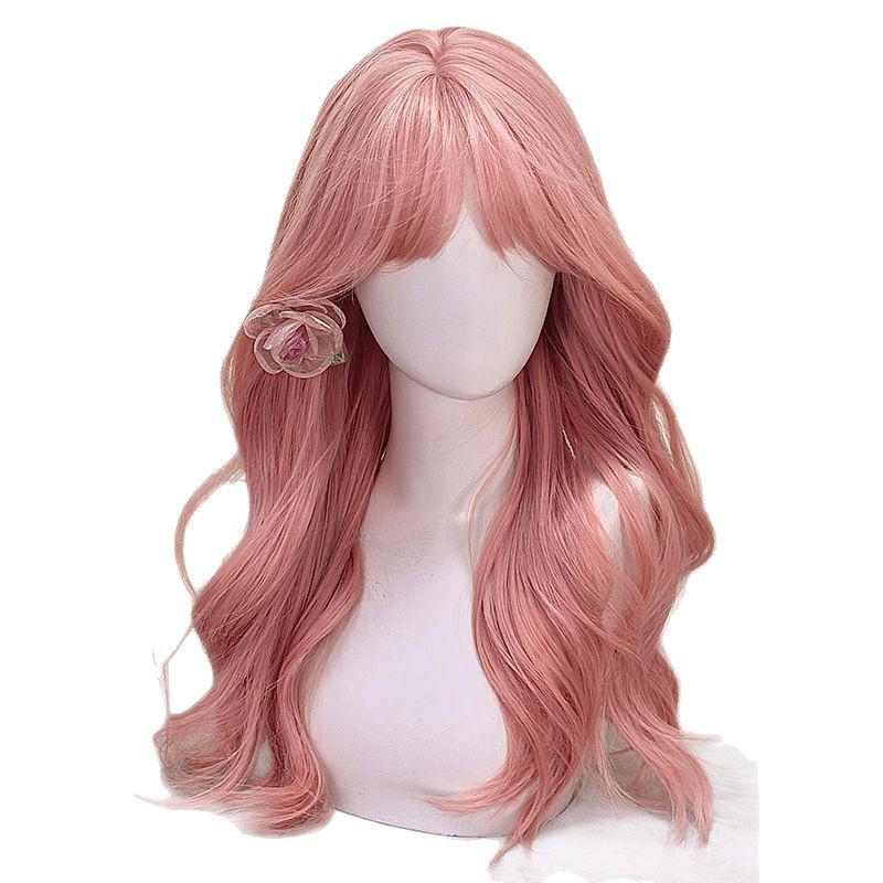 Long Curly Wig in Grapefruit Pink, Stylish Cosplay Long Light-Colored Full Wig Fashion Full Wig Set