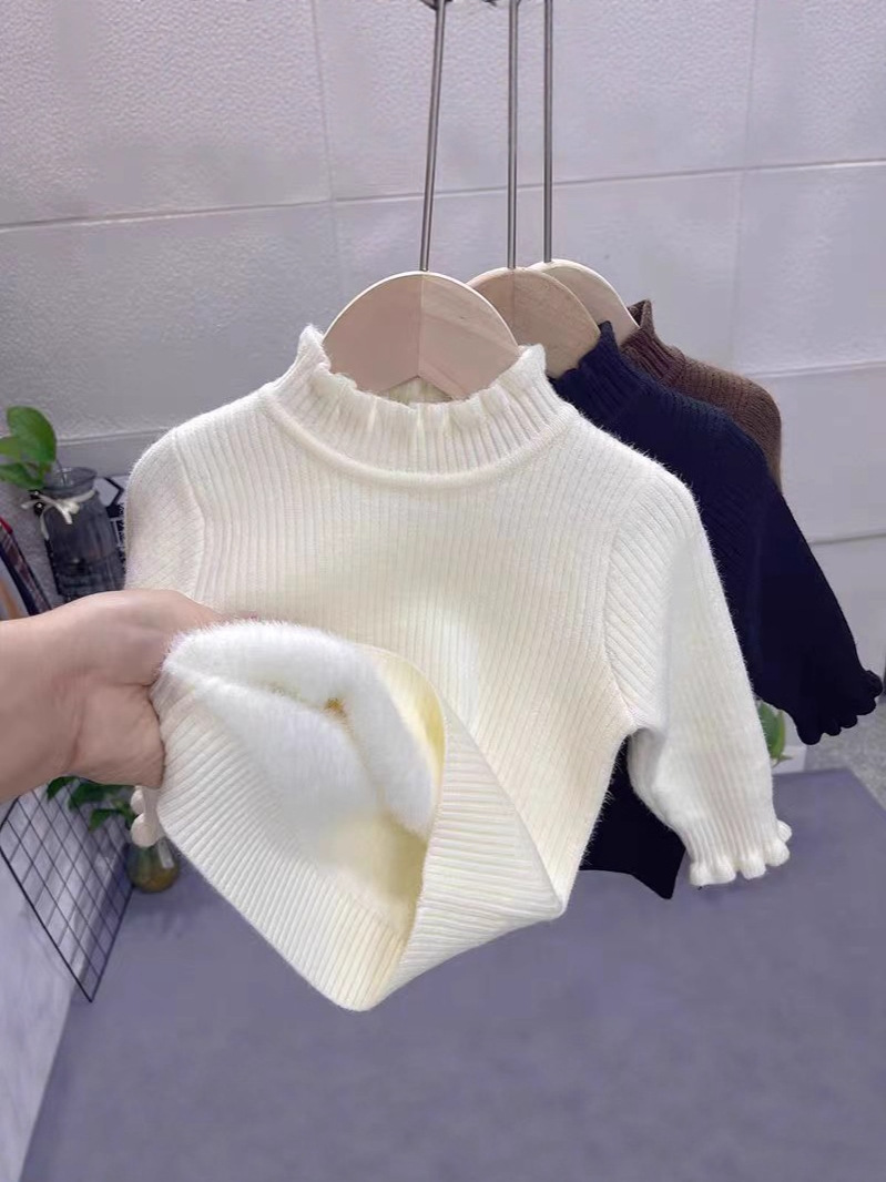 New Kidsren's All-In-One Velvet Knitwear Fleece-Lined Korean Style Fungus Lace Collar Bottoming Shirt Baby Warm Knitwear Kidsren's Clothing