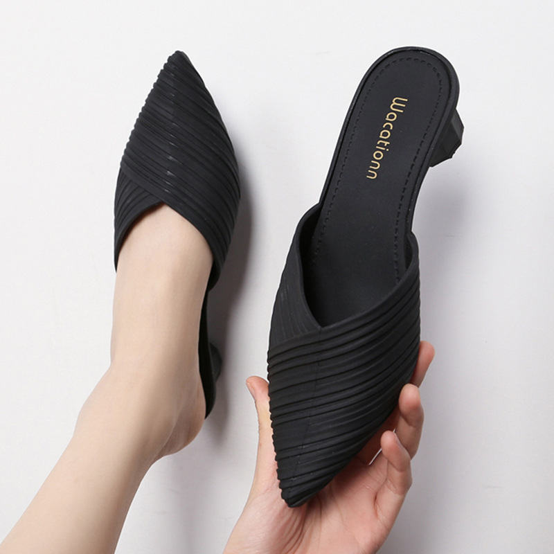 Internet-famous High Heel Height-increasing Slippers Women's Summer Baotou Half Slippers Fashionable Casual All-match Pointed Non-slip Thickened Slippers