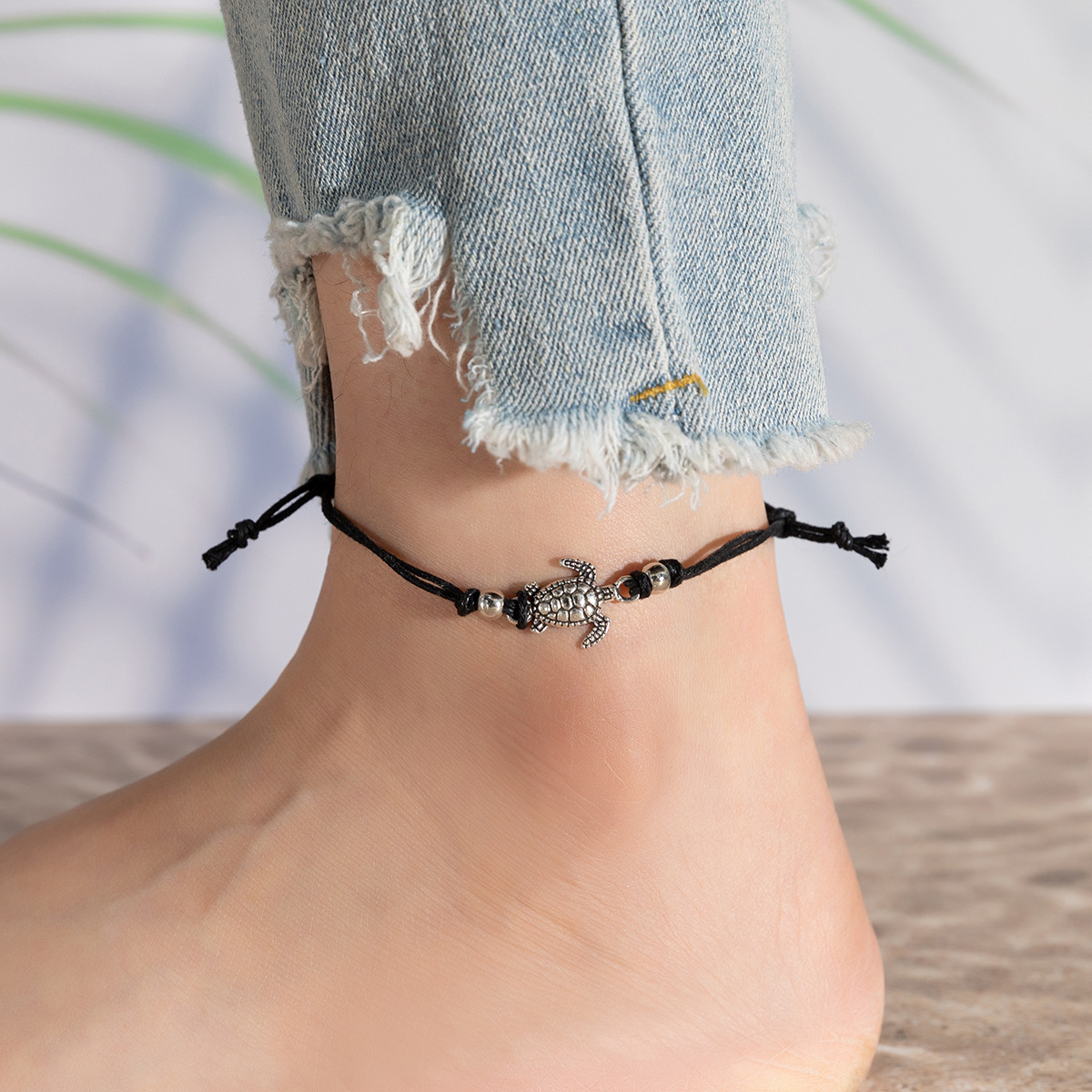 Кросс-бордерный Взрывной Браслет Ювелирные Изделия Женский Пляж Древнее Серебро Трехцветная Черепаха Вощеная Веревка Плетеные Ножные Украшения Модный Черепаха Ножная Цепочка