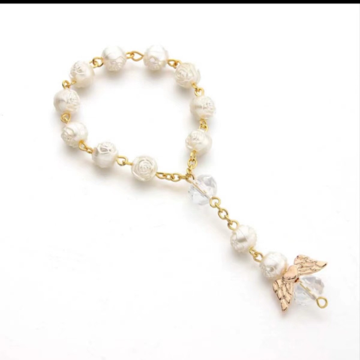 Браслет с ангельскими крыльями, роза, бисер для крещения, жемчужный браслет, крестный бисер