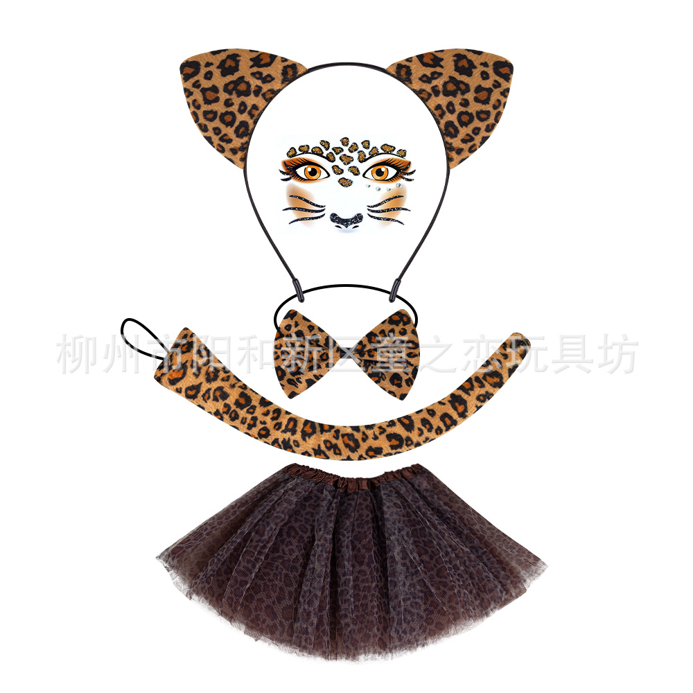 Cross-Border Leopard Print Cat Ears Children's Tutu Skirt Suit Halloween Masquerade Cartoon Animal Headband Children