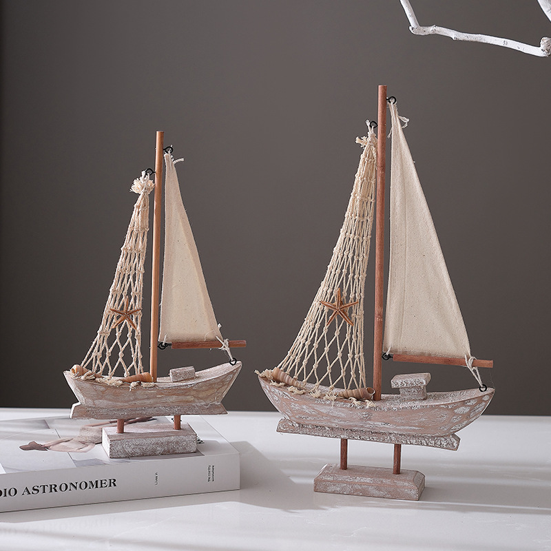 American retro sailing boat Mediterranean fishing boat home accessories antique fishing boat model creative home decoration small wooden boat