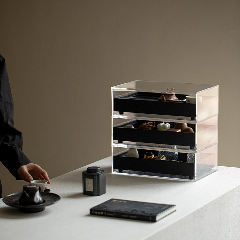 Solid Wood Multi-Layer Tea Set Storage Box Acrylic Tea Cabinet Teapot Jewelry Storage Box Display Cabinet