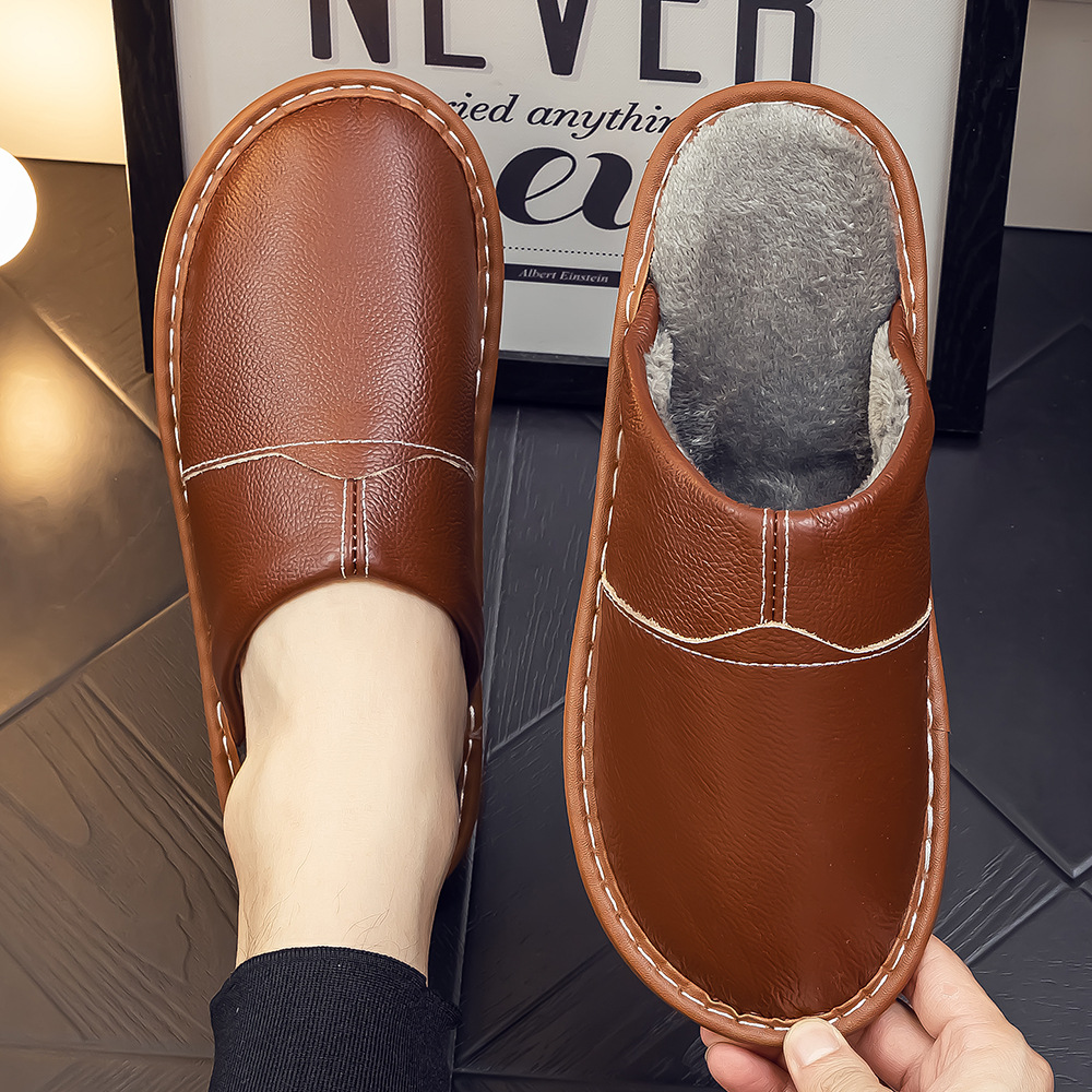 Haining Winter Genuine Leather Cotton Slippers for Women at Home, Couples Indoor Waterproof Anti-Slip Soft Bottom Home Cotton Slippers for Men Wholesale