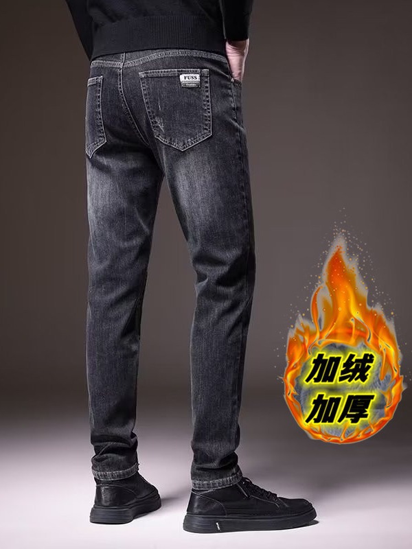 Foreign trade export men's clothing autumn and winter fleece-lined thick jeans men's straight slim stretch trousers high-end retro fashion