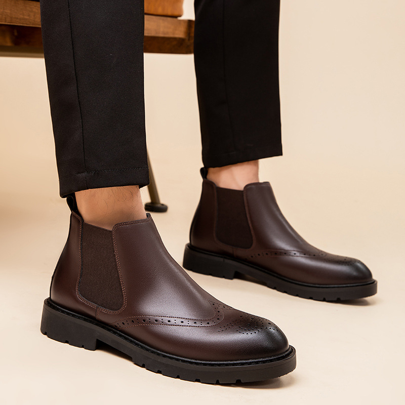 Chelsea Boots Men's Genuine Leather Autumn and Winter Cotton Boots British Style Boots Men's High-Top Velvet Short Boots Suit Leather Shoes