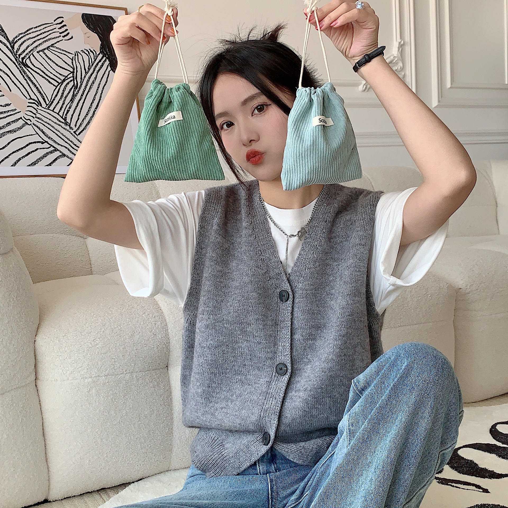 32133 Solid Color Corduroy Weaving Marks Storage Bag Drawstring Corset Cosmetic Bag Women's Portable Portable Large Capacity