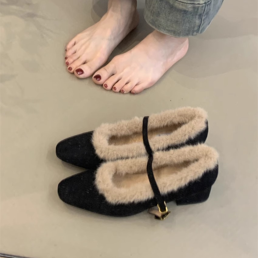 Теплые женские туфли на толстом каблуке Мэри Джейн 2024 зима французский элегантный пушистый квадратный носок с открытым носком