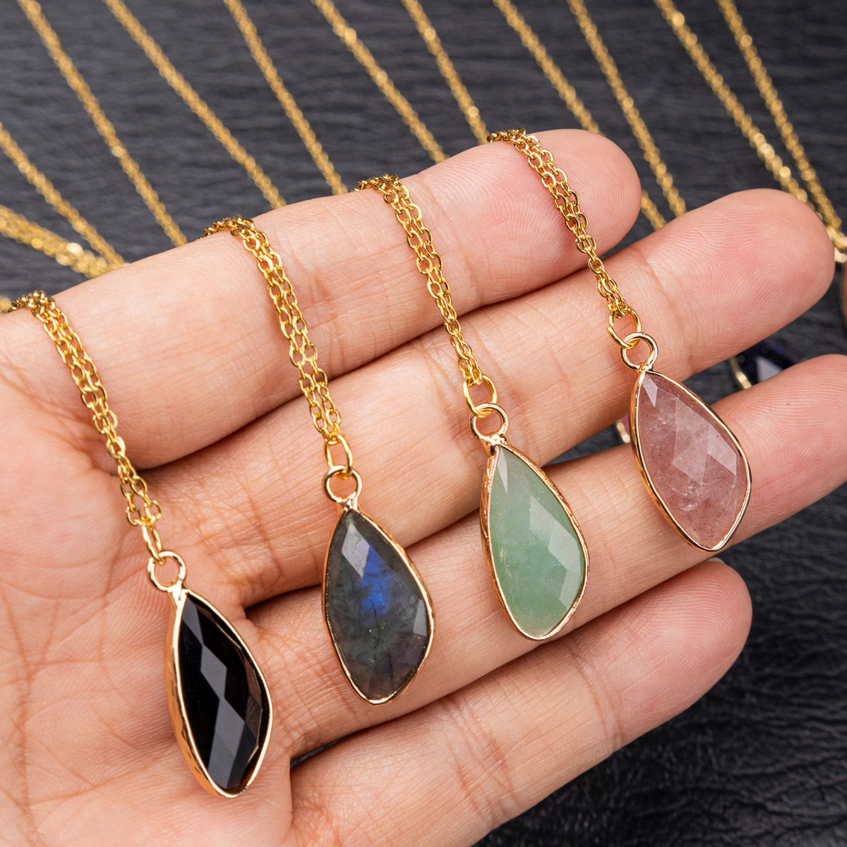 Zhuhang Jewelry Cross-Border Popular Natural Crystal Pendant Aventurine Amethyst Marquise Necklace Jewelry Factory Direct Sales