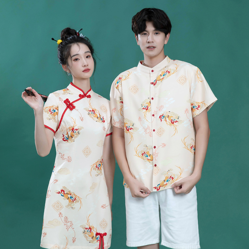Chinese Style Couple's plus size Cheongsam Split Design Sense Simple Style Vertical Collar Shirt Design Sense Irregular Printing