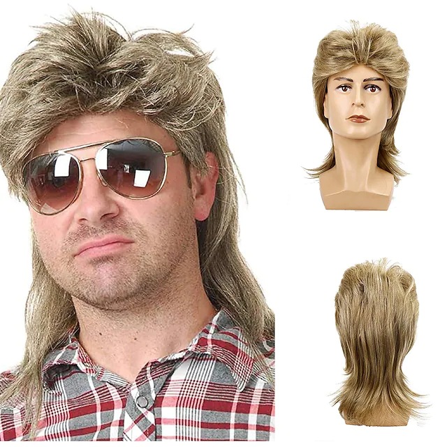 Cross-border European and American Wig Men's Mullet Wig Brown Curly Hair 80s Vintage Cosplay Halloween Wig Set