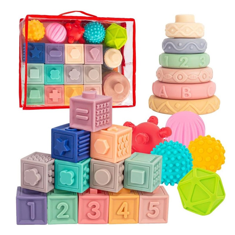 Cross-border stacking music baby soft rubber ball rainbow circle stacking music pinch call baby building block toy suit