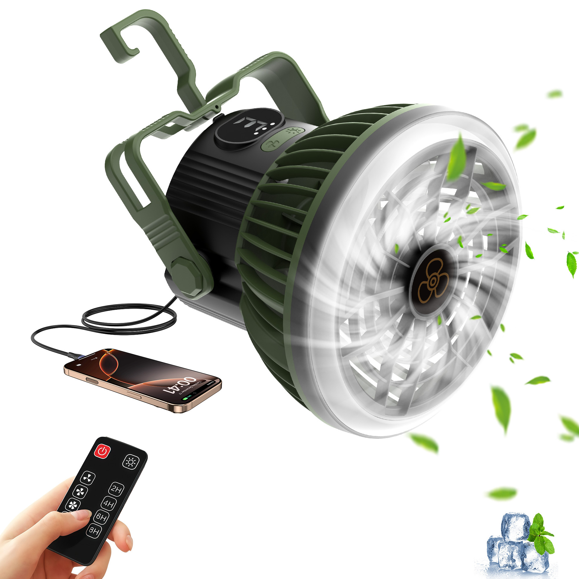 Cross-Border Outdoor Camping Fan USB Rechargeable Lighting Digital Display Dormitory Tent Ceiling Fan Portable Camping Fan Light