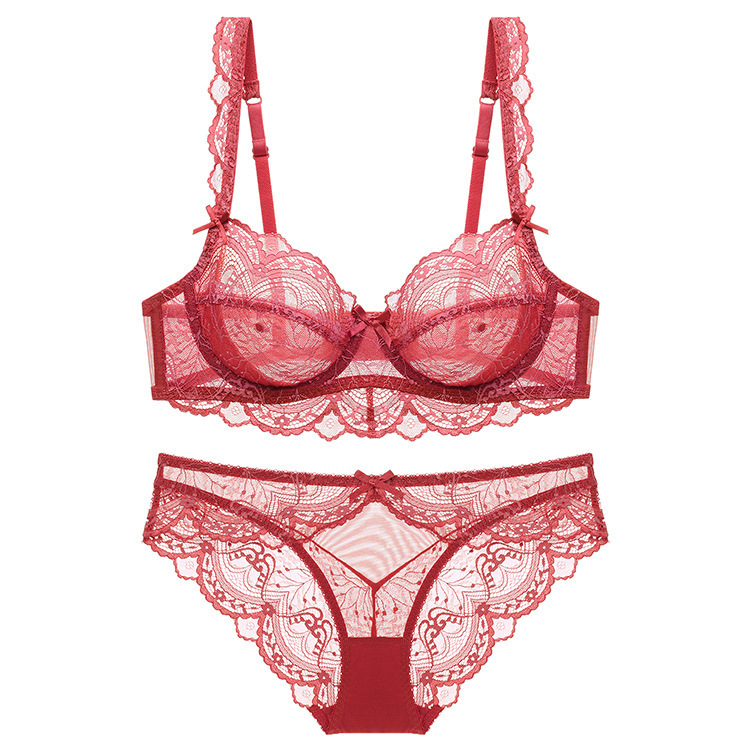 A generation of ultra-thin sexy lace breathable gathered French underwear Women's Big chest small bra set