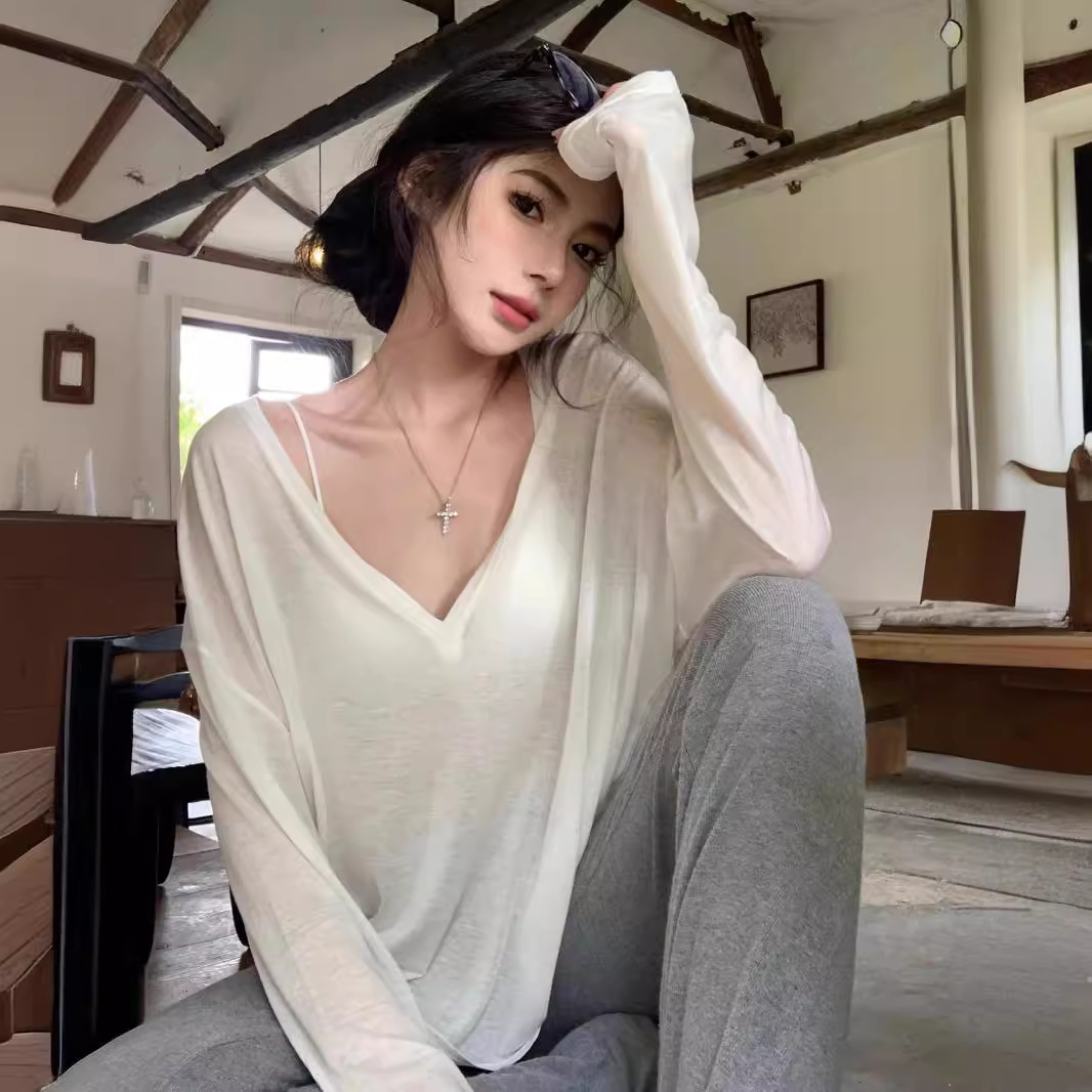 Белая тонкая слегка прозрачная футболка с длинным рукавом, свободная блузка для защиты от солнца, летний повседневный стиль