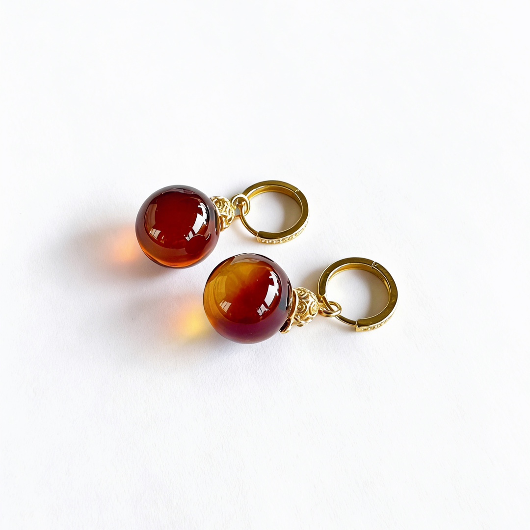 Gourd 14mm Mexican Red and Blue Amber S925 Silver Earrings 3A Water Purification High Quality Rare Variety