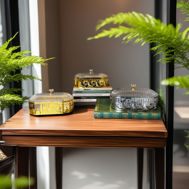 Tuem New Cross-Border Holiday Supplies Eid Al-Adha Dinner Plate Ramadan Tray Iron Round Snack Jar Jewelry Storage Box