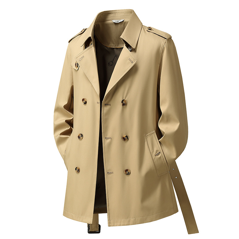 7985-Double-Breasted Mid-Length Windbreaker Men's British Style Outwear Autumn and Winter Lace-Up Jacket