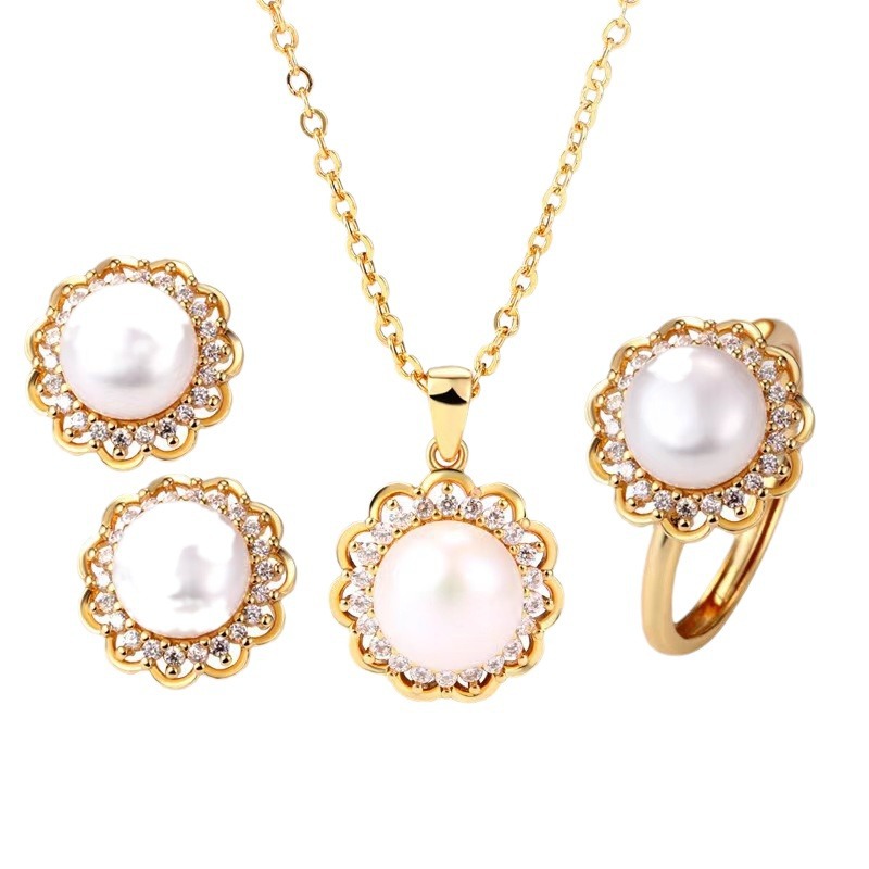Freshwater Pearl suit Summer Korean Style Flower Three-Piece Set Fashion Elegant Joker Holiday Gift Jewelry Wholesale