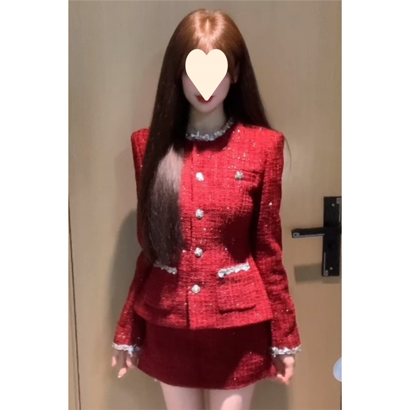 Элитная куртка с ароматом для богатых дам, новый комплект с высокой талией, юбка и рубашка на Новый год для женщин