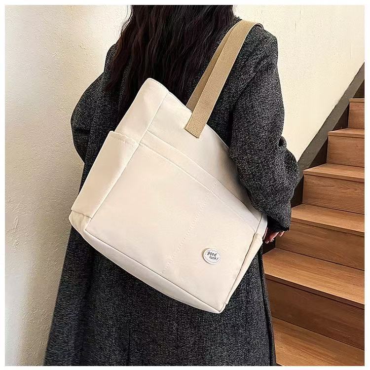 2023 Large-Capacity Canvas Bag for Female College Students, Hand-Held Book Bag, Tote Bag, Dog-Tooth Pattern Tote Bag