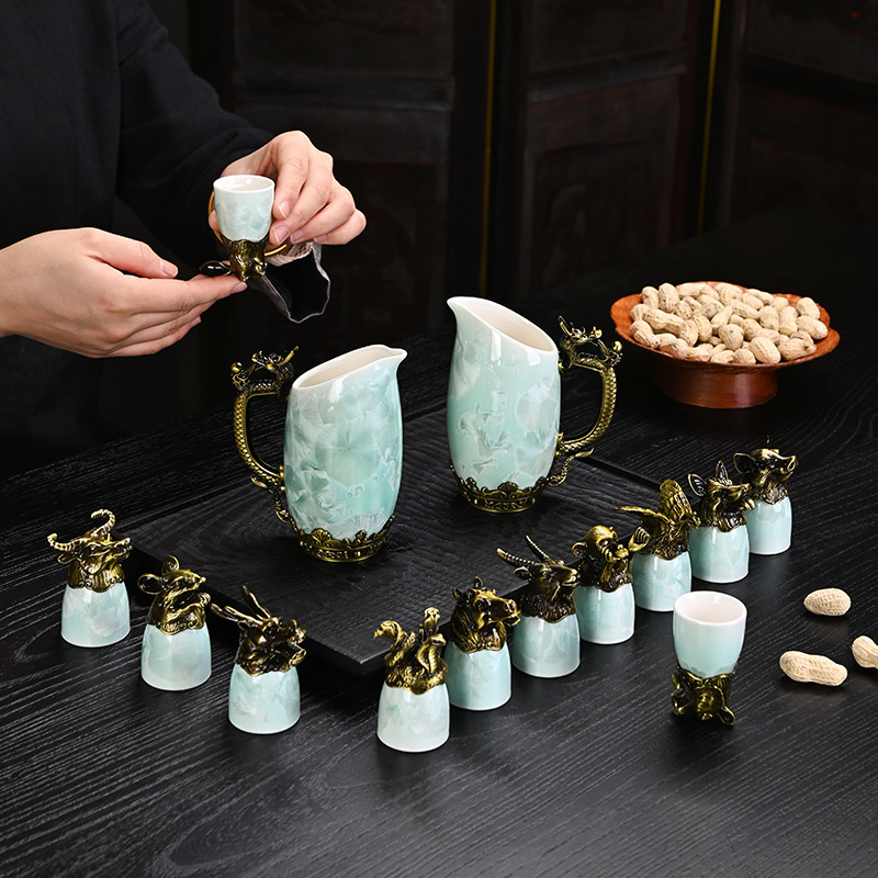 New Chinese Style Crystalline Glaze Double Pot Twelve Zodiac Wine Set Ceramic White Wine Cup Double Wine Divider Wine Pot Gift Box