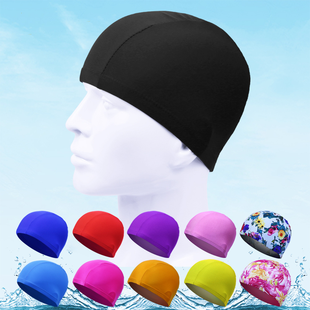 Factory direct polyester cloth swimming cap high stretch adult universal solid color color independent packaging cardboard swimming cap