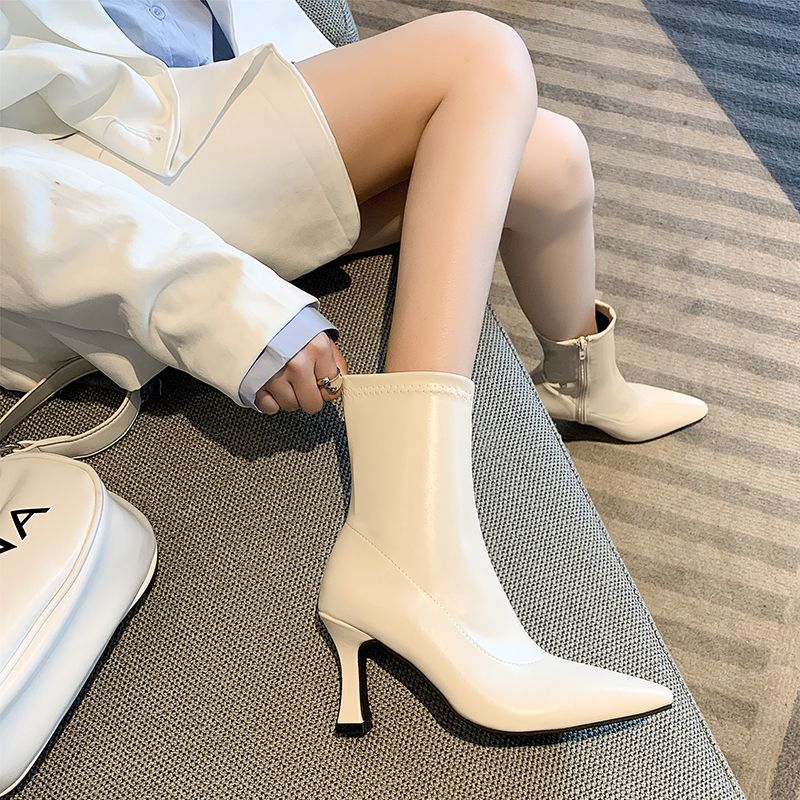 Туфли с острым носом из натуральной кожи короткие ботинки для женщин 2025 новые высокие каблуки осень и зима высокие каблуки стройные ботинки на шпильке простые эластичные ботинки корейская версия