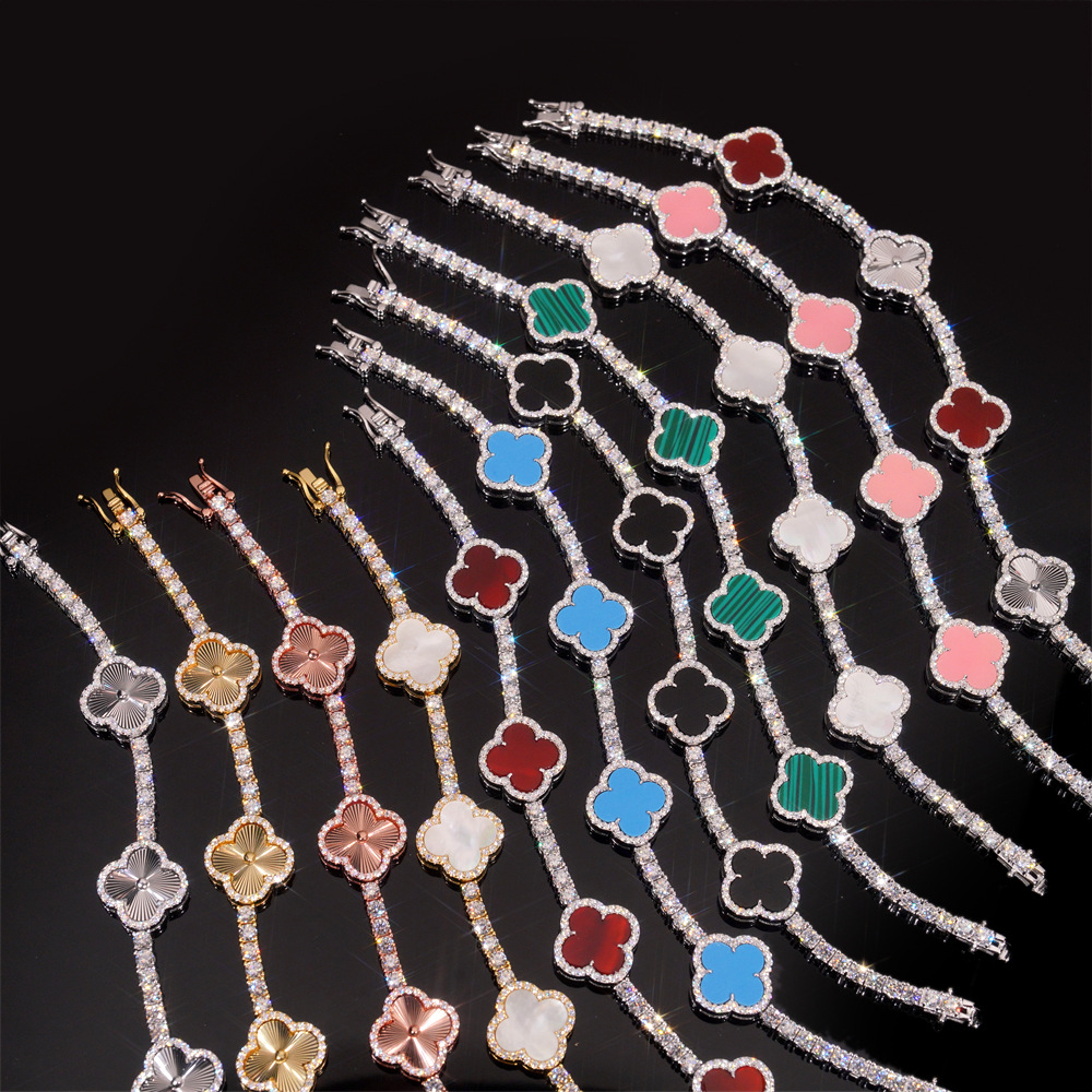 New S925 Silver Moissanite Bracelet European and American Hip-Hop 3mm Clover High-End Tennis Chain Jewelry