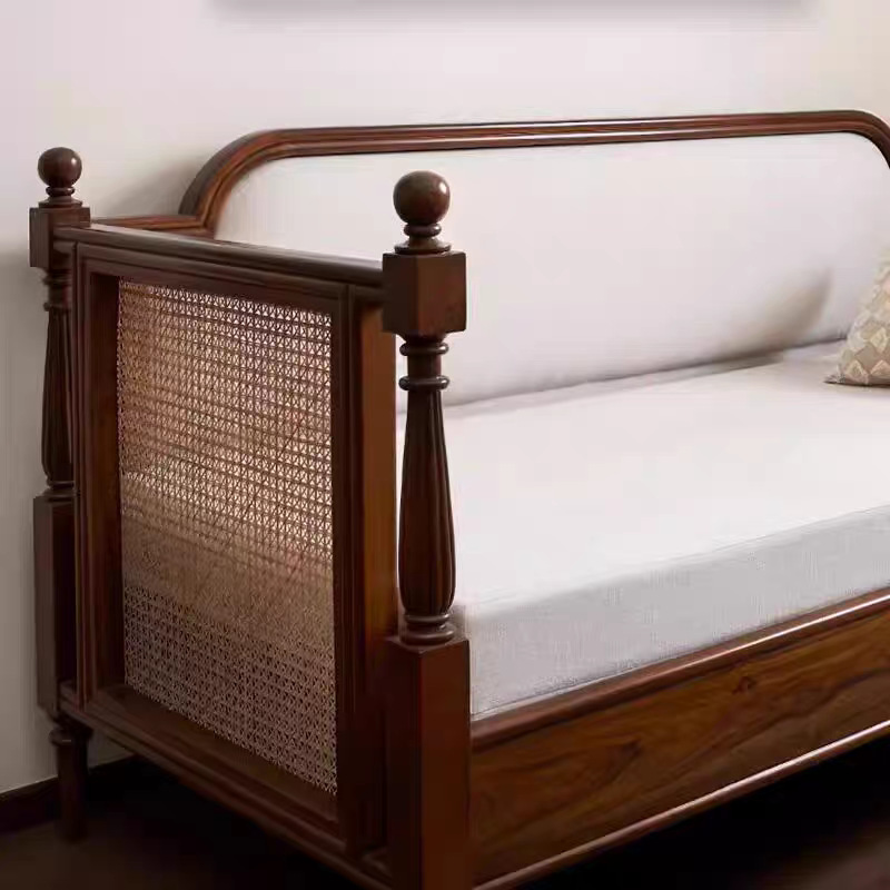 American Retro Solid Wood Sofa Small Apartment Living Room Study Three-Seat Straight Rattan Sofa Bed Antique Furniture
