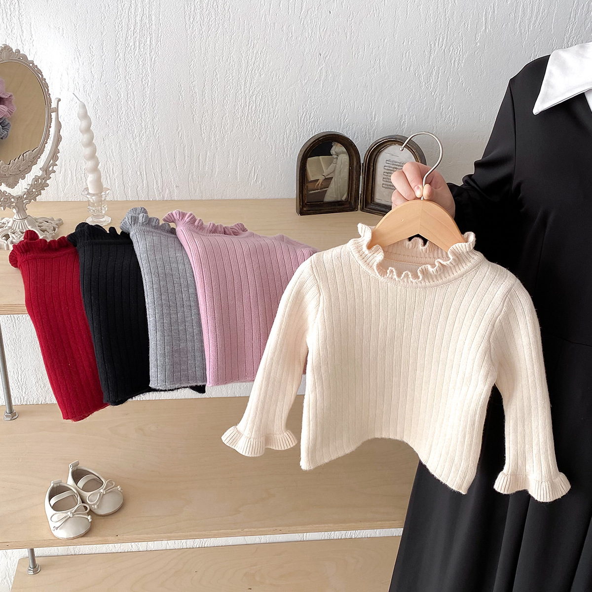 Autumn and Winter Bottoming Shirts for Infants and Young Children, Korean Style Fungus-Edged Knitwears, Slim-Fitting Velvet Style One-Year-Old Baby Knitted Knitwears