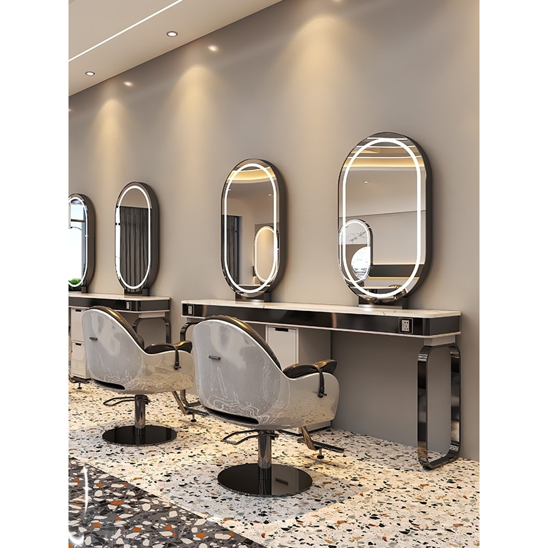 High-end barber shop mirror table hair salon dedicated single-sided double-sided marble hair mirror with cabinet cutting and perm dyeing table