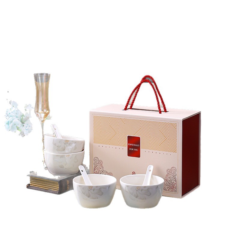Real Estate Opening Gifts, Practical Ceramic Tableware Set with Bowls, Chopsticks, and Spoons, Souvenirs, Wholesale Gift Boxes for Bank and Real Estate Events