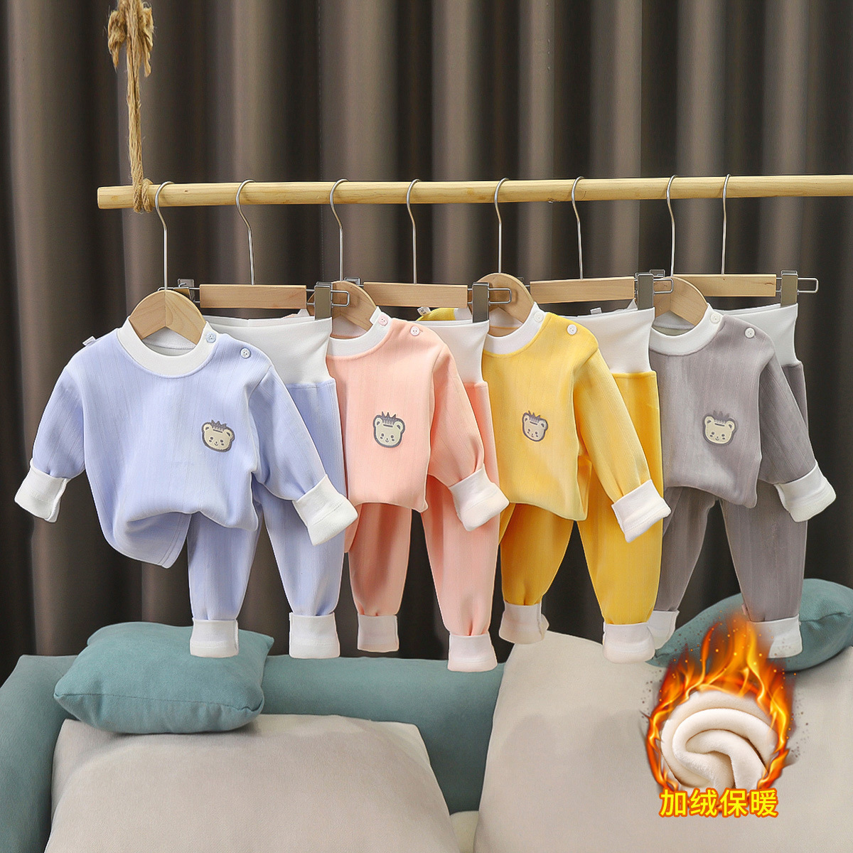 Комплект с плюшевым велюром для детей, термобелье с высоким поясом, осенние брюки, пижамы для мужчин и женщин