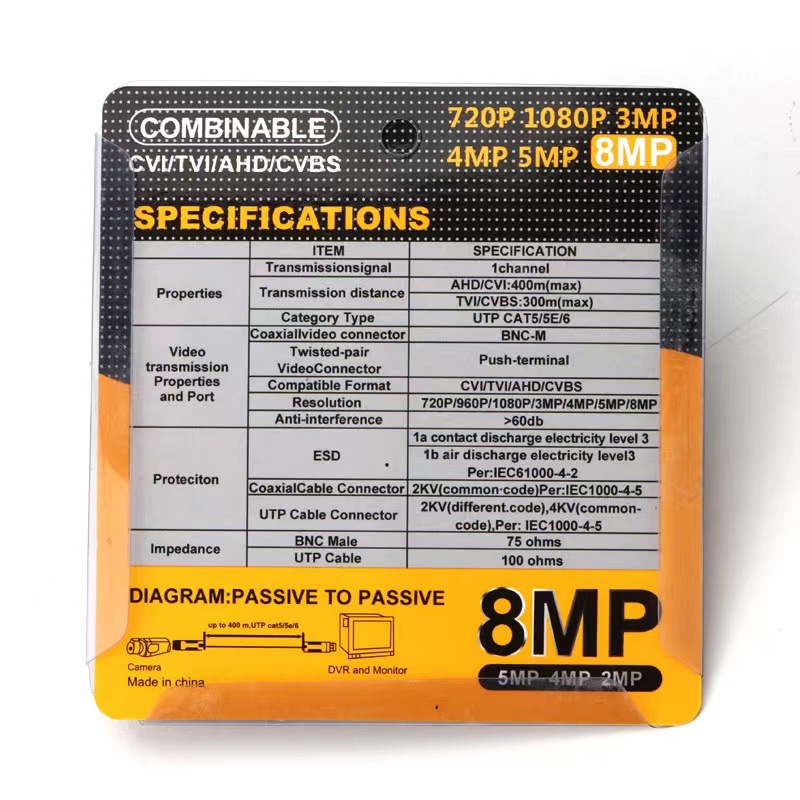 Surveillance twisted pair transmitter 8 million NVTEL brand AHD CVI TVI 8MP video transmitter Balun