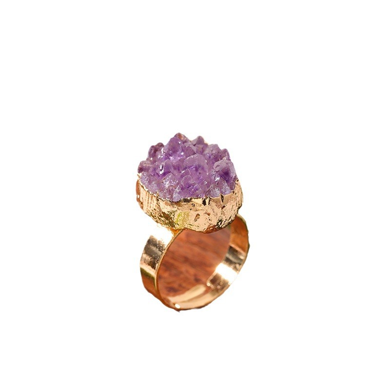 Natural Amethyst Cluster Electroplated Phnom Penh Opening Ring Fashion Temperament Irregular Crystal Original Stone Ring Cross Border