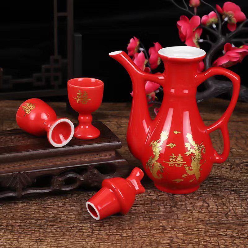 Wedding Celebration Wine Pot Set, Dragon and Phoenix Red Wedding Festive Ceramic Wine Pot and Wine Glass Set for Toasting