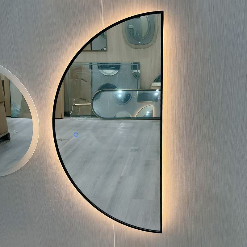 Semi-Circular Led Light with Mirror Wall-Mounted Framed Bathroom Semi-Circular Mirror with Light Touch Sensor Defogging Smart Mirror