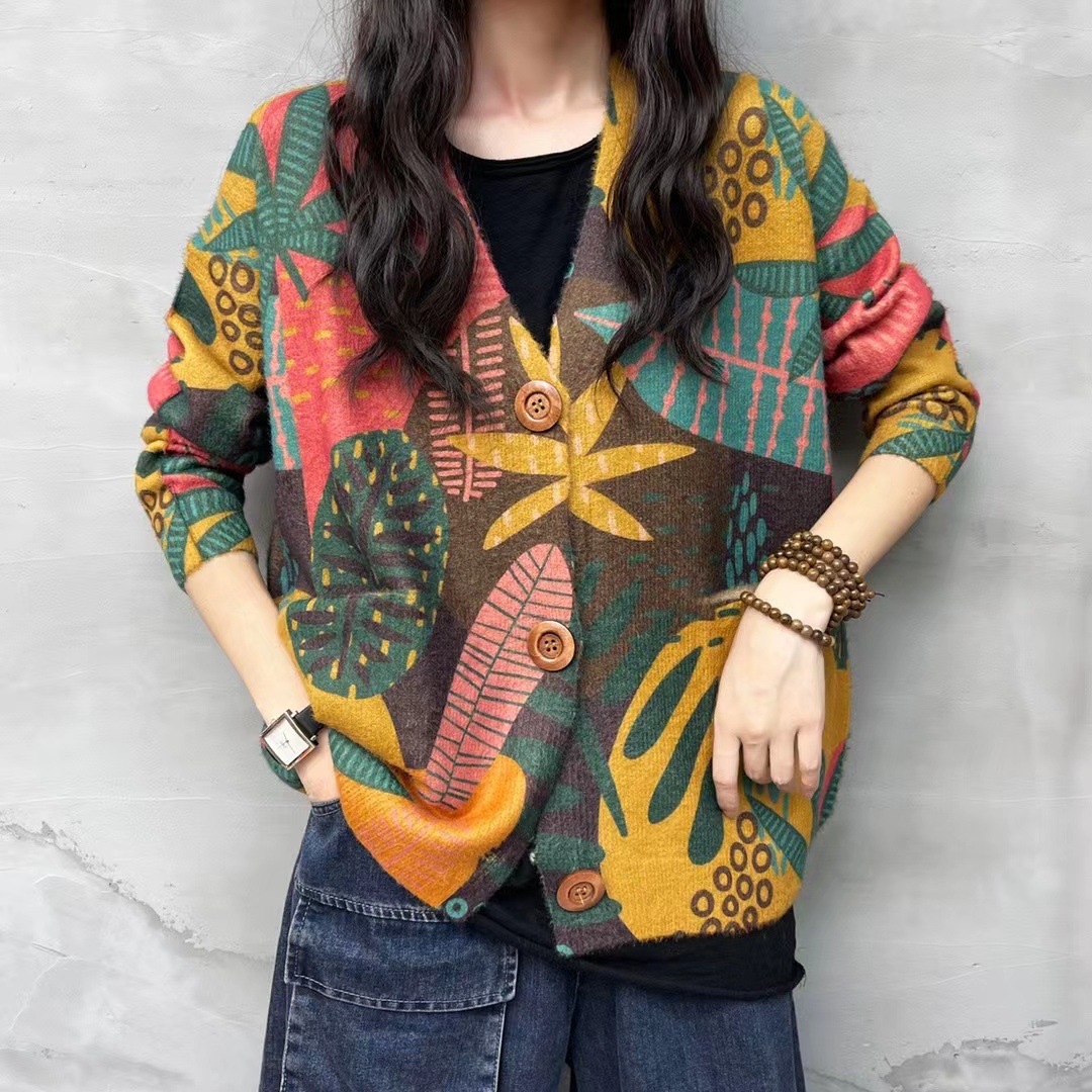 Вязаный свитер с этническим принтом, новый осень-зима 2025, кардиган из норкового велюра