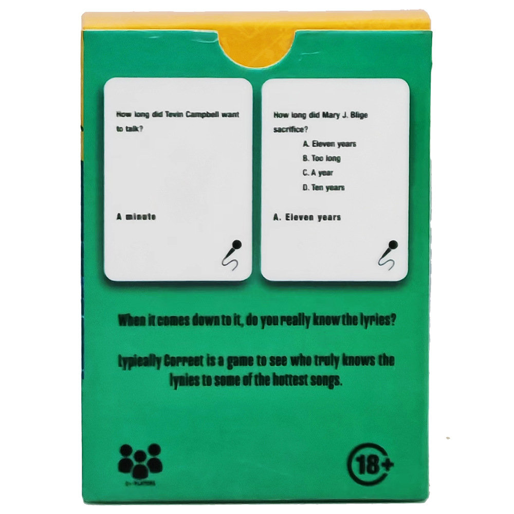 New Lyrically Correct Adult Game Night and Fun Trivia Friends Gathering Music Game Card