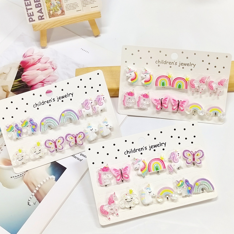 [Can] Children's Cute Earrings Cartoon Resin Pierced Ear Clips Little Girl Short Anti-Pain Earrings Ear Clips